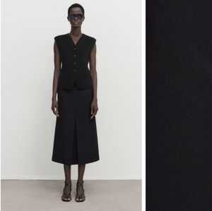 Massimo Duti Wool Blend Midi Skirt with Side Buckle In Navy